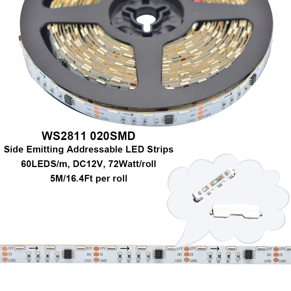 WS2811 020SMD DC12V 60 LEDs/m Side Emitting Addressable LED Light Strips, 5m/16.4ft per Roll